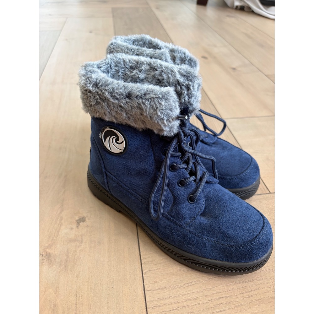Navy Blue Faux Suede Faux Fur Trim Lace Up Winter Ankle Boots Size 36 GO Logo